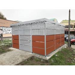 3600 mm x 4350 mm - wiata śmietnikowa MODERNE, zadaszenie łukowe HL-ATTYKA, wypełnienie CETRIS/PERFO